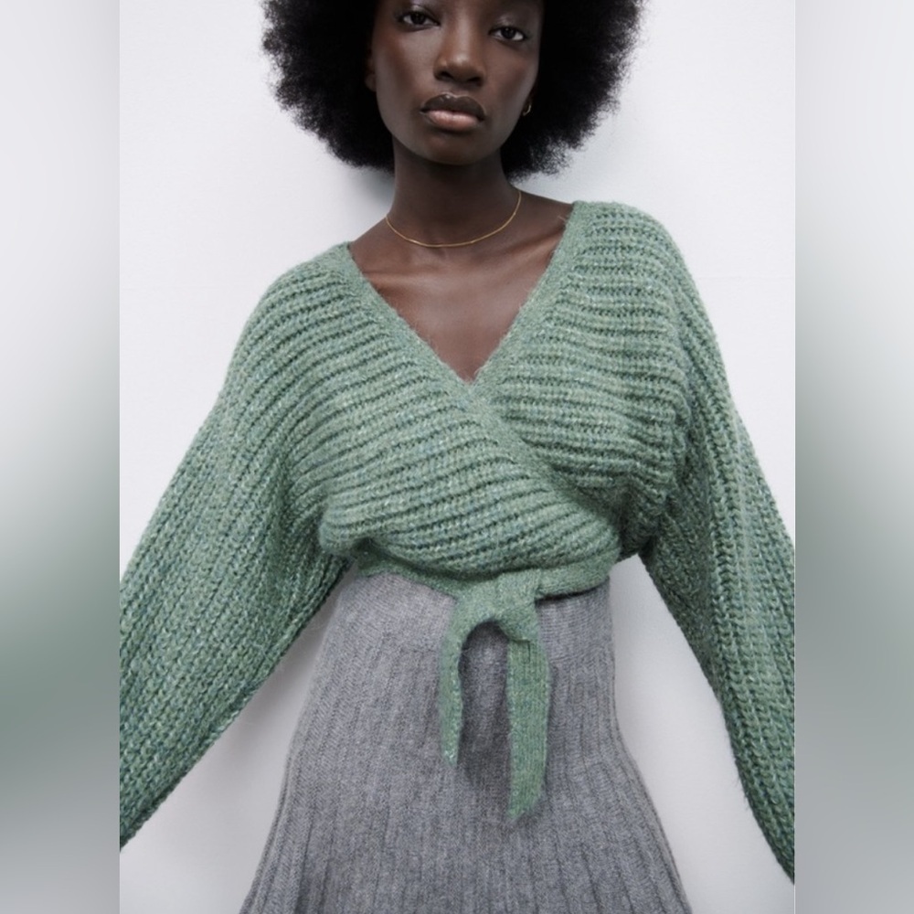Zara Chunky Green Wrap Sweater Cropped Oversized Balloon Sleeve Cardigan Shawl - Picture 2 of 7